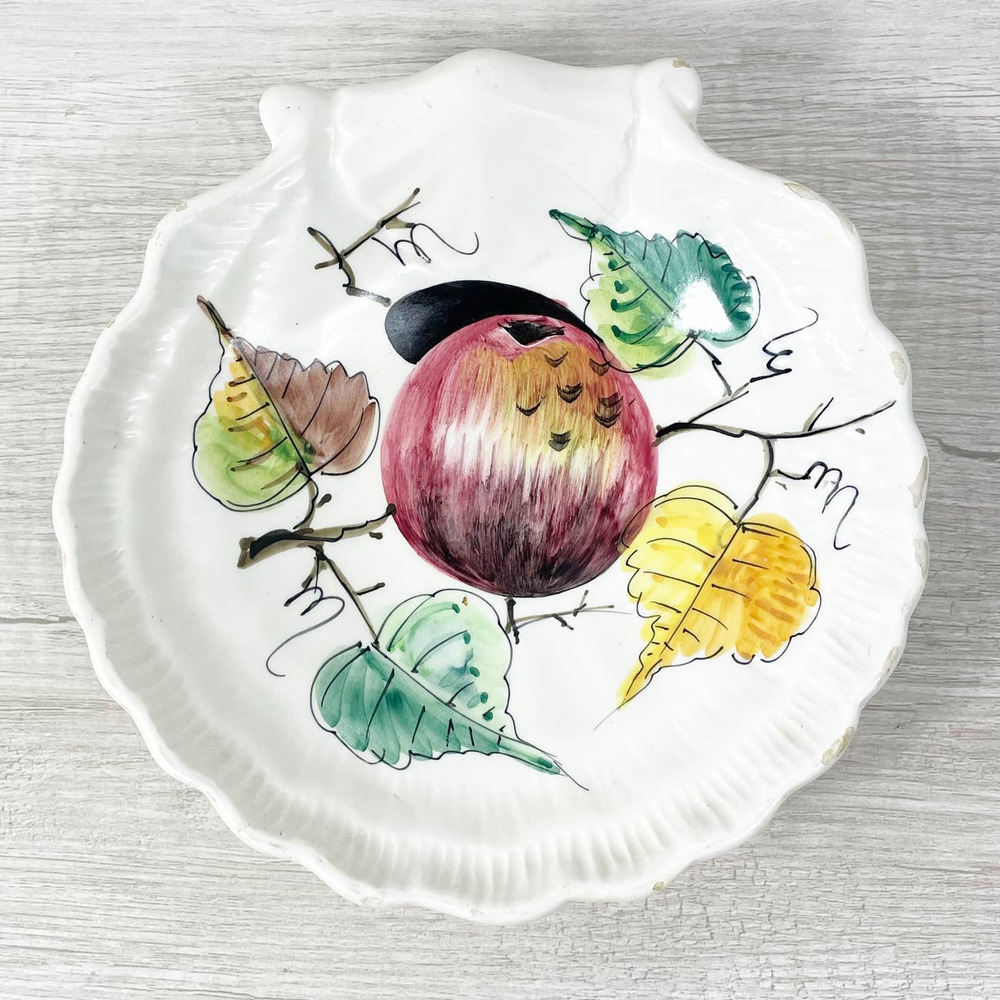 Vintage Handpainted Italian Ceramic Bisque Plate 9" Leaves Fruit Scalloped Edge